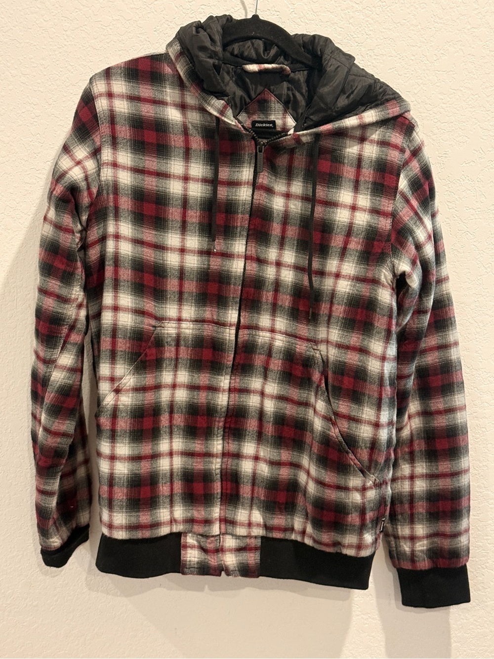 Dickies Red Black White Plaid Lightweight Hooded Shirt Jacket